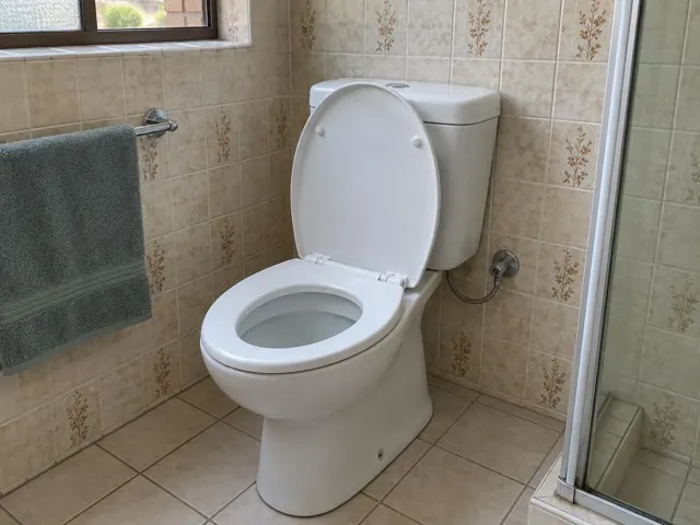 Clean white toilet in a tiled bathroom with shower screen and towel rail in Pendle Hill