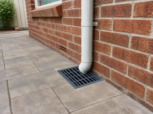 Brick house wall with a seated stormwater grate beside a downpipe and dry paving in Wentworthville