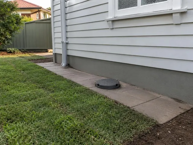Round capped inspection opening beside a weatherboard house and paved side path in Parramatta